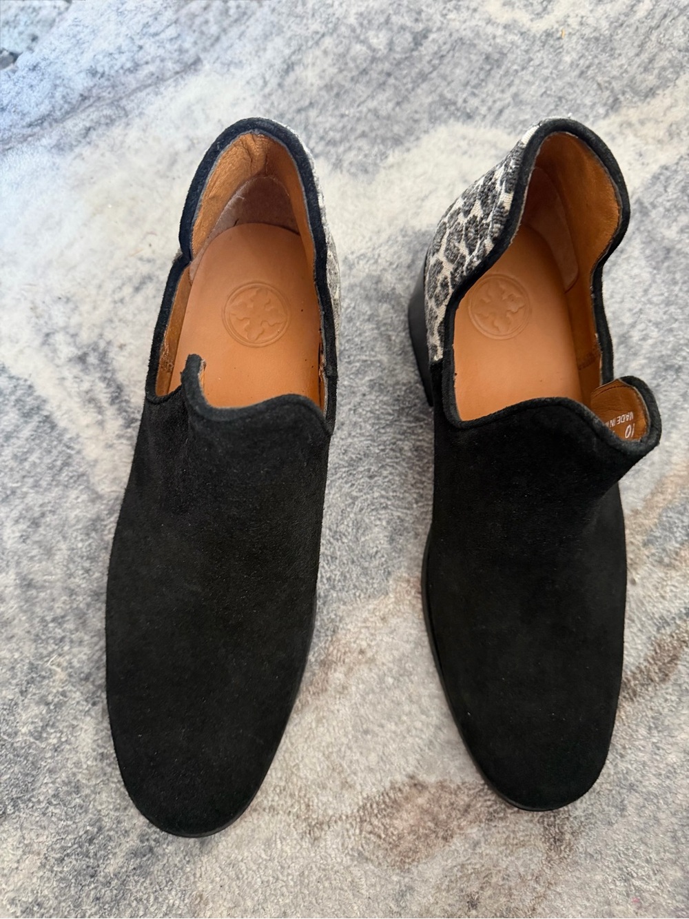 Black Suede Slip-On Ankle Booties Ladies Shoes with Leopard Tapestry Accent